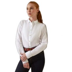 Bluzka damska z długim rękawem Ariat Muir. Białe bluzki damskie Ariat, bez wzorów, klasyczne, bez kołnierzyka, bez ramiączek. Za 447.50 zł.