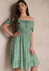 Zielona Sukienka Midi o Fasonie Bawełnianej Hiszpanki Nairo. Zielone sukienki damskie Renee, bez wzorów, z bawełny, eleganckie, bez ramiączek. W wyprzedaży za 39.99 zł.