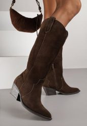 Brązowe Zamszowe Kozaki Kowbojki na Stożkowym Obcasie Sevra. Brązowe kozaki damskie Born2be, z jeansu, bez obcasa, na obcasie, bez zapięcia. Za 249.99 zł.