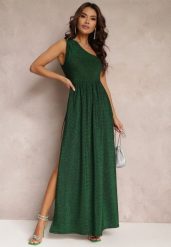 Zielona Brokatowa Sukienka Maxi z Asymetryczną Górą i Rozkloszowanym Dołem Eulita. Zielone sukienki damskie Renee, bez wzorów, eleganckie, bez ramiączek. W wyprzedaży za 159.99 zł.