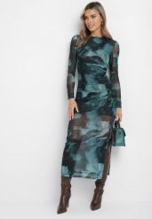 Zielona Siateczkowa Sukienka Maxi z Marszczeniem i Rozcięciem Valpuri. Zielone sukienki damskie Born2be, z aplikacjami, z tkaniny, eleganckie, bez ramiączek. Za 84.99 zł.