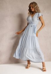 Jasnoniebieska Sukienka Tantysus. Niebieskie sukienki damskie Renee, bez wzorów, z materiału, bez ramiączek. W wyprzedaży za 91.99 zł.