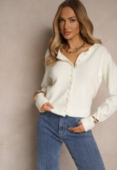 Biały Rozpinany Kardigan z Wełną Kornelira. Białe kardigany damskie Renee, bez wzorów, z jeansu. Za 149.99 zł.