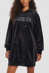 GUESS Сzarna damska długa welurowa bluza Couture. Czarne bluzy damskie Guess, s, z aplikacjami, z weluru, z kapturem. W wyprzedaży za 355.99 zł.