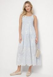 Niebieska Sukienka z Wiskozy i Bawełny na Ramiączkach w Stylu Boho w Kwiaty z Guzikami Eldexira. Niebieskie sukienki damskie Born2be, bez wzorów, z bawełny, boho, bez ramiączek. Za 279.99 zł.
