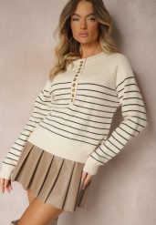 Beżowo-Czarny Sweter z Wiskozą w Poziome Paski z Guzikami przy Dekolcie Irivoni. Brązowe swetry klasyczne damskie Renee, l, z jeansu, bez kołnierzyka. Za 84.99 zł.