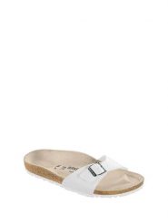 Birkenstock Klapki w kolorze białym rozmiar: 38. Białe klapki damskie Birkenstock, bez wzorów, z otwartym noskiem, bez obcasa, bez zapięcia. Za 293.45 zł.