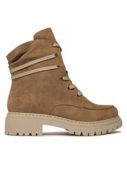 Rieker Trzewiki 72605-64 Brązowy. Brązowe botki damskie Rieker, ze skóry, bez obcasa, na płaskiej podeszwie, bez zapięcia. Za 259.99 zł.