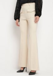 Beżowe Spodnie Dzwony High Waist Yave. Brązowe spodnie materiałowe damskie Born2be, bez wzorów, z jeansu. Za 109.99 zł.