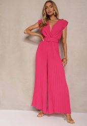Fuksjowy Kopertowy Kombinezon Wide Leg Zdobiony Plisami i Paskiem z Klamrą Salirella. Czerwone sukienki damskie Renee, z aplikacjami, eleganckie, bez ramiączek. W wyprzedaży za 91.99 zł.