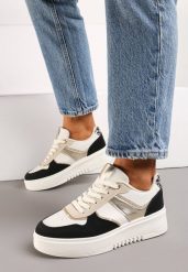 Beżowo-Czarne Sneakersy na Grubej Podeszwie z Brokatowymi Wstawkami Qmalthea. Brązowe obuwie sportowe damskie Born2be, z materiału, bez zapięcia. Za 89.99 zł.