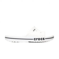 Klapki unisex Crocs Bayaband Slide. Białe klapki damskie Crocs, bez wzorów, z materiału, bez obcasa, bez zapięcia. Za 119.99 zł.