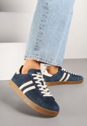 Granatowe Sneakersy Tenisówki Ozdobione Paskami Nilavara. Niebieskie obuwie sportowe damskie Renee, z jeansu, bez zapięcia, tenisowe. Za 159.99 zł.