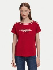Guess T-Shirt W6YI58 K5317 Czerwony ciemny Regular Fit. Czerwone t-shirty damskie Guess, xs, z aplikacjami, z bawełny, bez kołnierzyka. Za 234.99 zł.