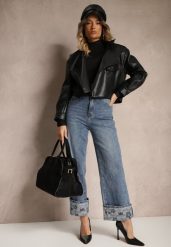 Niebieskie Jeansy High Waist z Szerokimi Nogawkami Ozdobnie Wywiniętymi z Paskiem Loroma. Niebieskie jeansy damskie Renee, z podwyższonym stanem. Za 129.99 zł.