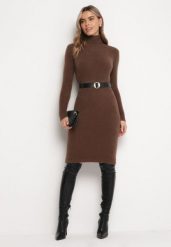 Brązowa Sweterkowa Puchata Sukienka Midi z Wełny z Golfem Sebhat. Brązowe sukienki damskie Born2be, bez wzorów, z dzianiny, bez ramiączek. Za 69.99 zł.