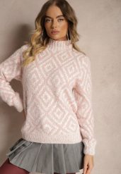 Ciemnoróżowy Golf z Wełną z Alpaki w Ozdobny Wzór w Romby Kikivra. Czerwone golfy damskie Renee, l, bez wzorów, z wełny, bez ramiączek. Za 69.99 zł.