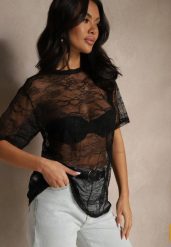 Czarna Transparentna Bluzka z Wiskozą z Koronki Liovenne. Czarne bluzki damskie Renee, bez wzorów, z jeansu, eleganckie, bez kołnierzyka, bez ramiączek. Za 49.99 zł.