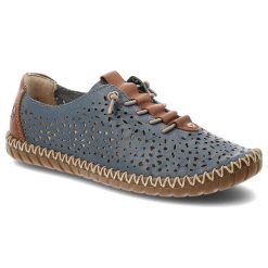 Półbuty damskie Rieker, ze skóry naturalnej z ażurową cholewką i elastyczną lekką podeszwą, niebieskie, M2856-12. Niebieskie półbuty damskie Rieker, na lato, w ażurowe wzory, z materiału, bez obcasa, na płaskiej podeszwie, bez zapięcia. Za 329.00 zł.