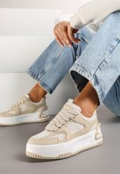 Beżowe Sneakersy z Brokatowymi Zdobieniami na Platformie Deovirae. Brązowe obuwie sportowe damskie Renee, z jeansu, bez zapięcia. Za 79.99 zł.