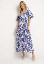 Niebieska Rozkloszowana Sukienka z Wiskozy w Roślinny Wzór Ridiata. Niebieskie sukienki damskie Born2be, bez wzorów, z wiskozy, eleganckie, bez ramiączek. Za 89.99 zł.