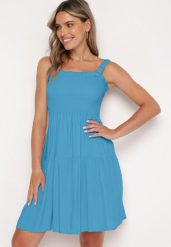Niebieska Sukienka na Ramiączkach z Gumką w Talii i Falbankami Tiamaree. Niebieskie sukienki damskie Born2be, bez wzorów, eleganckie, bez ramiączek. Za 59.99 zł.
