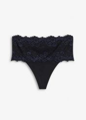 Stringi średnio modelujące z koronką. Czarne stringi bonprix, bez wzorów, z koronki. Za 79.99 zł.