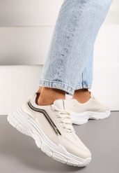 Beżowe Casualowe Sneakersy z Ekoskóry z Ozdobnymi Wstawkami i Sznurowaniem Melindia. Brązowe obuwie sportowe damskie Renee, bez zapięcia. Za 89.99 zł.