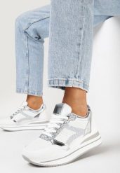 Biało-Srebrne Sneakersy na Grubej Podeszwie z Błyszczącymi Wstawkami i Sznurowaniem Lirevasa. Białe obuwie sportowe damskie Born2be, bez zapięcia. Za 99.99 zł.