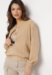 Beżowa Bluza Bomberka z Kieszeniami z Kaplami Bervialia. Brązowe bluzy damskie Born2be, plus size, bez wzorów, bez kaptura. Za 74.99 zł.