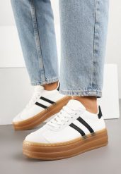 Białe Sneakersy na Grubej Podeszwie z Ozdobnym Wzorem Felimala. Białe obuwie sportowe damskie Born2be, z jeansu, bez zapięcia. Za 84.99 zł.