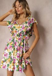 Zielono-Różowa Taliowana Bawełniana Sukienka w Kwiaty z Falbanami przy Ramionach z Gumką w Talii Nelova. Zielone sukienki damskie Renee, bez wzorów, z bawełny, eleganckie, bez ramiączek. W wyprzedaży za 39.99 zł.