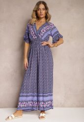 Granatowy Kopertowy Kombinezon Bawełniany z Cienkimi Gumeczkami w Pasie Zapinany na Szyi Orithiama. Niebieskie sukienki damskie Renee, bez wzorów, z bawełny, eleganckie, bez ramiączek. W wyprzedaży za 39.99 zł.