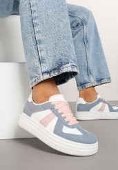 Niebiesko-Białe Sneakersy na Platformie Ozdobione Paskami ze Sznurowaniem Bormi. Niebieskie obuwie sportowe damskie Renee, z jeansu, bez zapięcia. Za 79.99 zł.