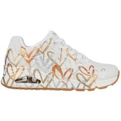 Buty do chodzenia sneakersy damskie Skechers Uno-Metallic Love. Białe obuwie sportowe damskie Skechers, z gumy, bez zapięcia, trekkingowe, Skechers Sport. Za 454.00 zł.