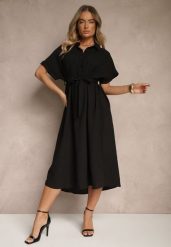 Czarna Wiskozowa Sukienka Koszulowa z Wiązanym Paskiem w Talii Vanisti. Czarne sukienki damskie Renee, bez wzorów, z wiskozy, eleganckie, bez ramiączek. W wyprzedaży za 59.49 zł.