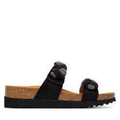 Klapki Scholl. Czarne klapki damskie Scholl, bez wzorów, bez obcasa, bez zapięcia. Za 424.99 zł.