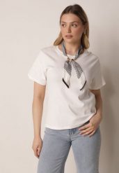 Biały T-shirt z Bawełny w Klasycznym Stylu z Apaszką Bluestel. Białe t-shirty damskie Born2be, l, bez wzorów, z bawełny, bez kołnierzyka. Za 69.99 zł.