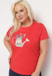 Czerwony Bawełniany T-shirt z Ozdobnym Nadrukiem Littana. Czerwone t-shirty damskie Born2be, l, bez wzorów, z bawełny, bez kołnierzyka. Za 34.99 zł.