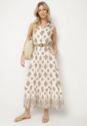 Beżowa Wiskozowa Sukienka Koszulowa z Paskiem z Klamrą Eraniela. Brązowe sukienki damskie Born2be, bez wzorów, z wiskozy, eleganckie, bez ramiączek. Za 129.99 zł.
