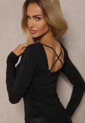 Czarna Bluzka z Wiskozą o Krótkim Kroju z Marszczeniem i Kwadratowym Dekoltem Cedissa. Czarne bluzki damskie Renee, l, bez wzorów, z jeansu, eleganckie, bez kołnierzyka, bez ramiączek. Za 69.99 zł.