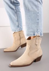 Beżowe Botki Kowbojki na Obcasie na Suwak Evitha. Brązowe botki damskie Born2be, z jeansu, eleganckie, bez obcasa, na obcasie, bez zapięcia. Za 129.99 zł.