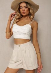 Jasnobeżowe Szorty Typu Bermudy z Bawełną i Lnem High Waist Fiefia. Brązowe szorty damskie Renee, bez wzorów, z bawełny, z podwyższonym stanem. Za 69.99 zł.