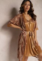 Brązowy Komplet Piżamowy ze Szlafrokiem i Elegancką Koszulą Nocną w Drobne Cętki Seraphim. Brązowe komplety bielizny Renee, bez wzorów, z materiału, bez ramiączek. Za 59.99 zł.