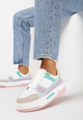 Biało-Różowe Sneakersy na Grubej Podeszwie ze Wstawkami z Ekozamszu Arainela. Białe obuwie sportowe damskie Born2be, bez zapięcia, trekkingowe. Za 89.99 zł.