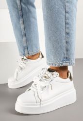 Biało-Złote Sneakersy Ozdobione Podwójnym Wiązaniem Zdivane. Białe obuwie sportowe damskie Born2be, bez zapięcia. Za 89.99 zł.