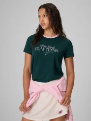 4F T-shirt regular z nadrukiem damski - zielony XL. Zielone koszulki sportowe damskie 4F, m, bez wzorów, z bawełny, bez ramiączek, tenisowe. Za 59.99 zł.