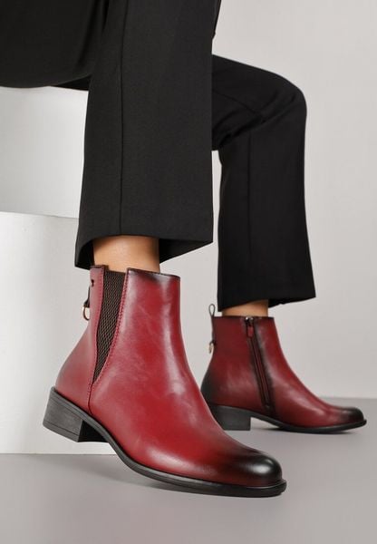 Czerwone Botki w Stylu Sztybletów z Metaliczną Aplikacją Verinette. Czerwone botki damskie Renee, z jeansu, eleganckie, bez obcasa, na płaskiej podeszwie, bez zapięcia. Za 139.99 zł.