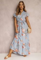 Jasnoniebieska Sukienka w Kwiaty o Kopertowym Kroju z Wiązanym Paskiem Iphene. Niebieskie sukienki damskie Renee, bez wzorów, eleganckie, bez ramiączek. W wyprzedaży za 55.99 zł.