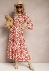 Pomarańczowo-Biała Sukienka Maxi z Falbanką z Guzikami i Orientalnym Wzorem Polka. Brązowe sukienki damskie Renee, bez wzorów, eleganckie, bez ramiączek. W wyprzedaży za 56.99 zł.